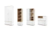 Übersicht vierteiliges Kindermöbel-Set mit Schrank, Regalen und Kommode in hellem Design.