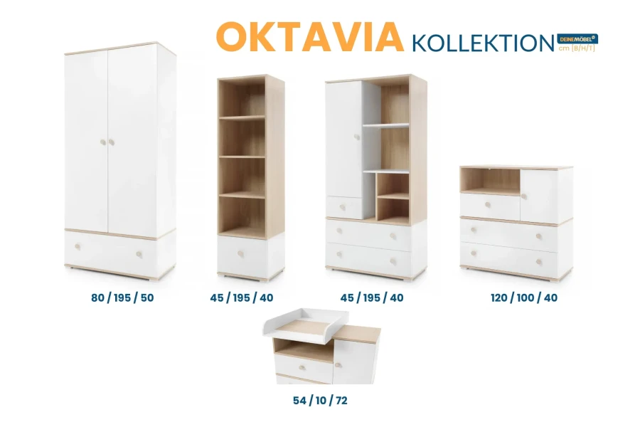 Übersicht der Maße für die Oktavia Kollektion: Abmessungen von Schrank, Regalen und Wickelkommode.