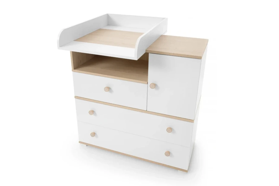 Vogelperspektive einer weißen Wickelkommode mit Wickelaufsatz und Holzelementen.