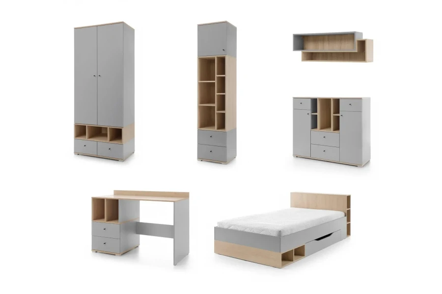Möbelset für Jugendzimmer in Grau und Eiche: Schrank, Regal, Schreibtisch und Bett.