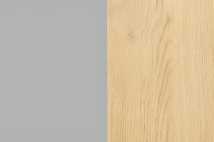 Materialmuster der OLAF Kollektion: Farbkombination aus Grau und heller Eiche Holzoptik.