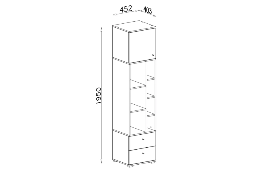 Maßzeichnung für schmales Hochregal, Abmessungen: 1950x452x403 mm.