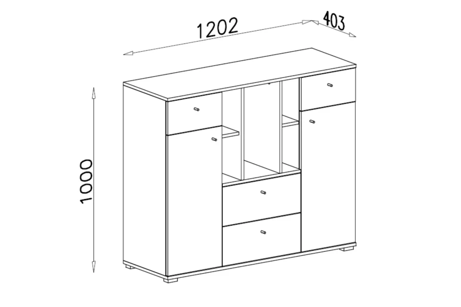 Technische Zeichnung der Kommode mit Maßen: 1202 mm Breite, 1000 mm Höhe und 403 mm Tiefe.