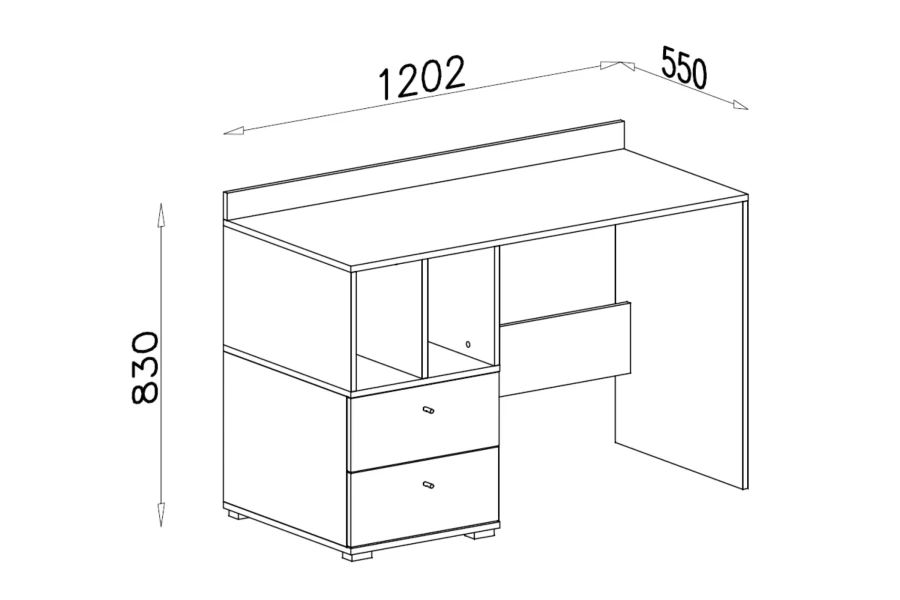 Maßskizze für einen modernen Schreibtisch mit Schubladen, Abmessungen 1202 x 550 x 830 mm.