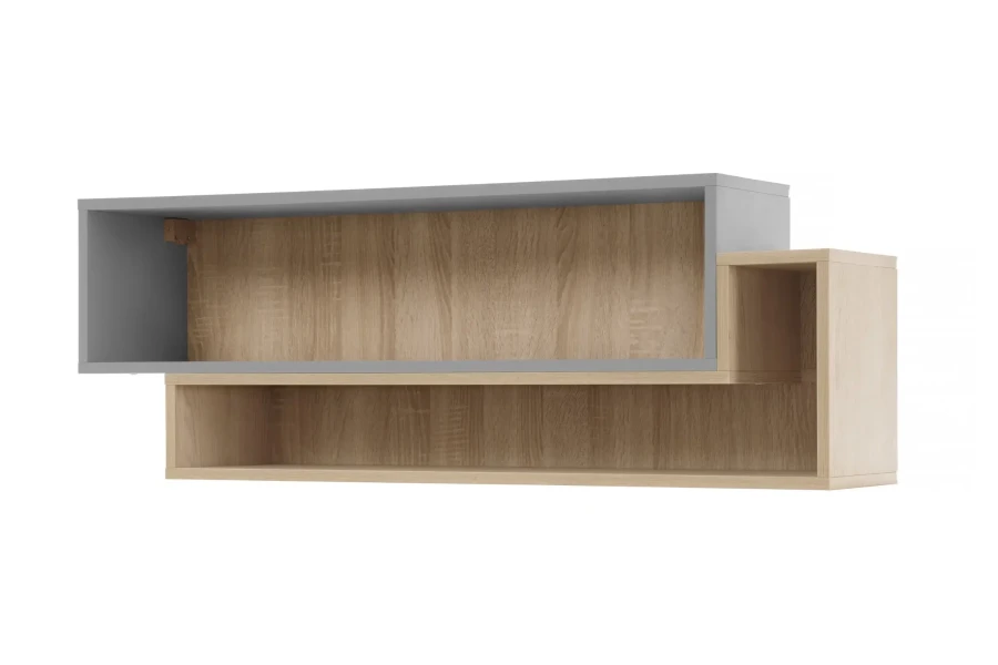 Modernes Wandregal in Grau und Eiche-Optik mit mehreren Fächern für Dekoration.