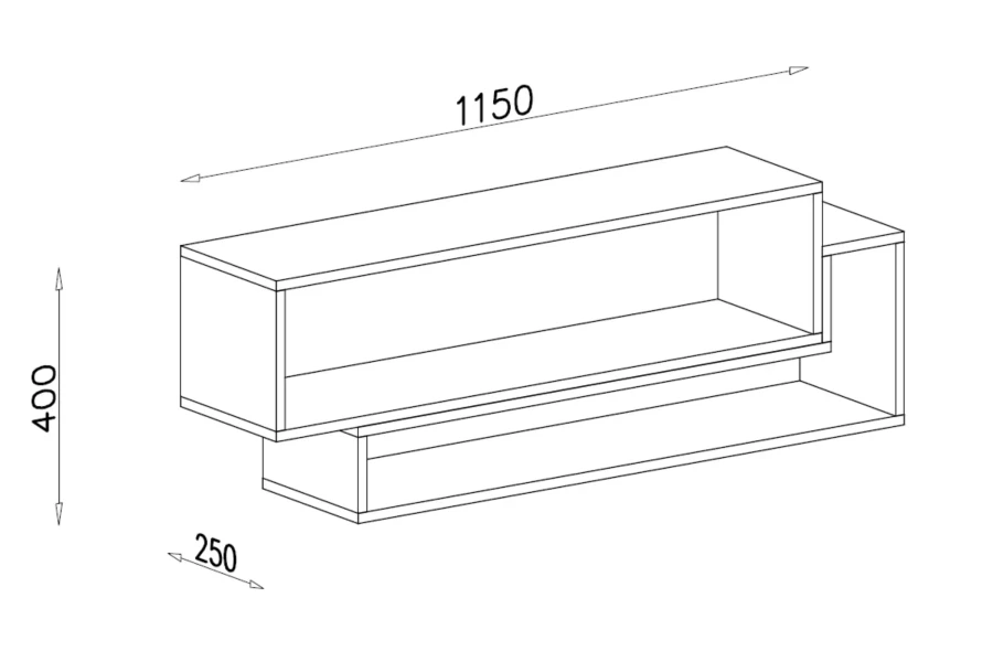 Maßskizze für ein Wandregal mit den Abmessungen 1150x400x250 mm.