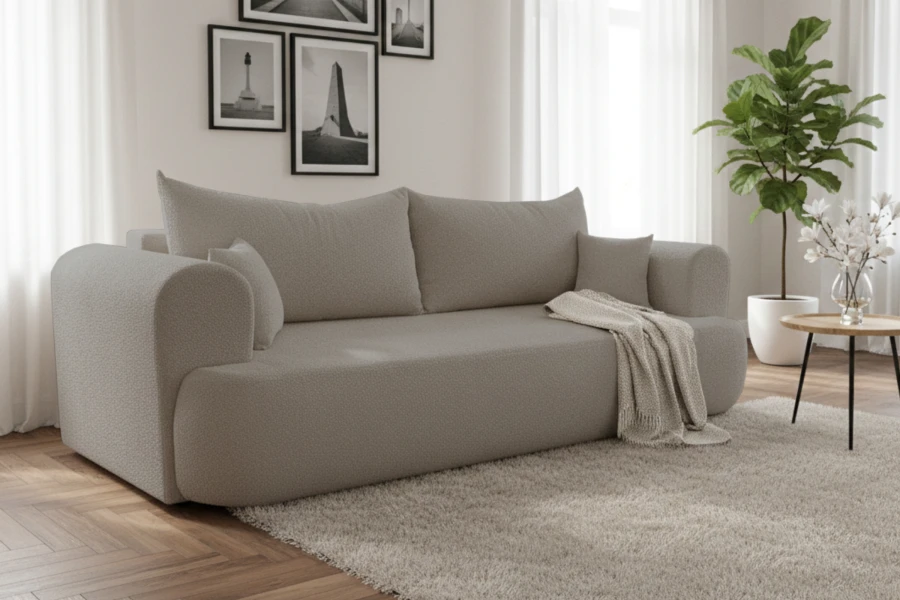 Beigefarbenes Sofa in hellem Wohnzimmer mit Couchtisch und dekorativer Pflanze.