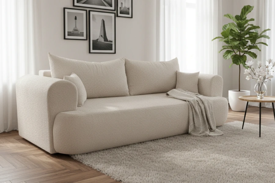 Cremefarbenes Sofa in elegantem Wohnzimmer mit hellem Teppich und Blumen.