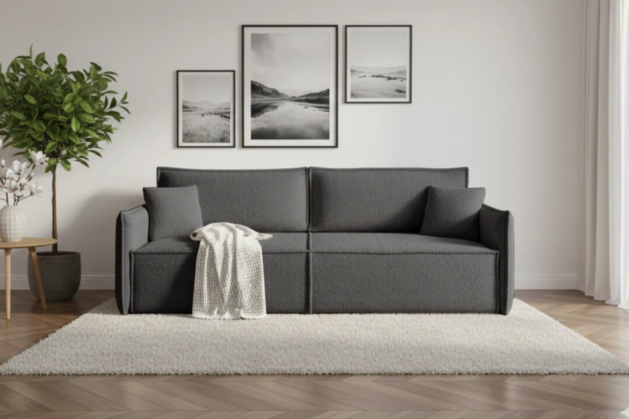 Modernes dunkelgraues Sofa im Wohnzimmer mit stilvoller Wanddeko und gemütlichem Teppich.