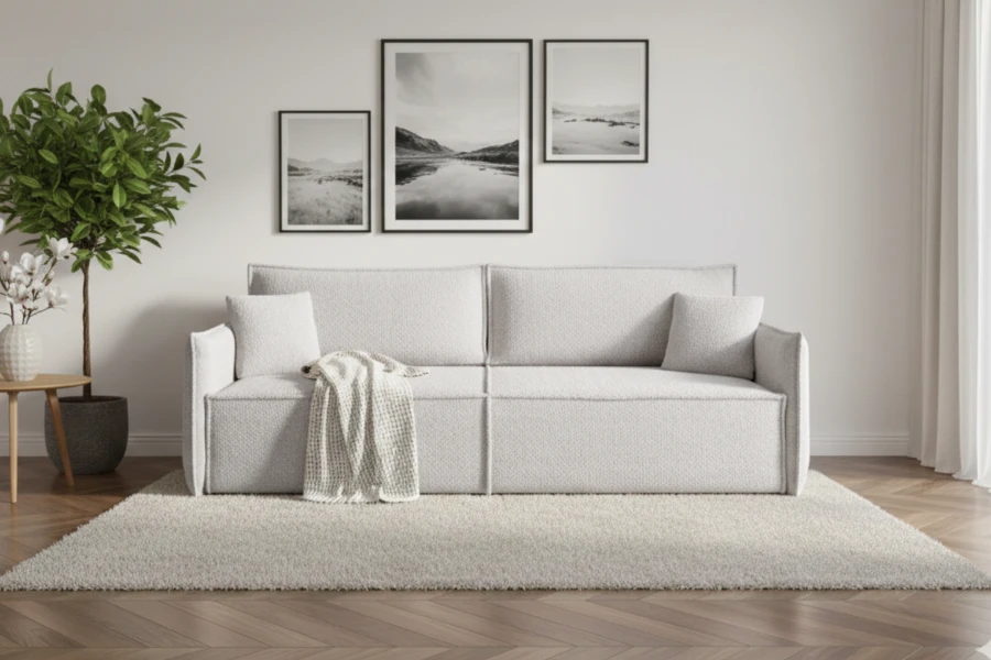 Elegantes hellgraues Sofa in einem modern eingerichteten Wohnzimmer mit Dekoration.