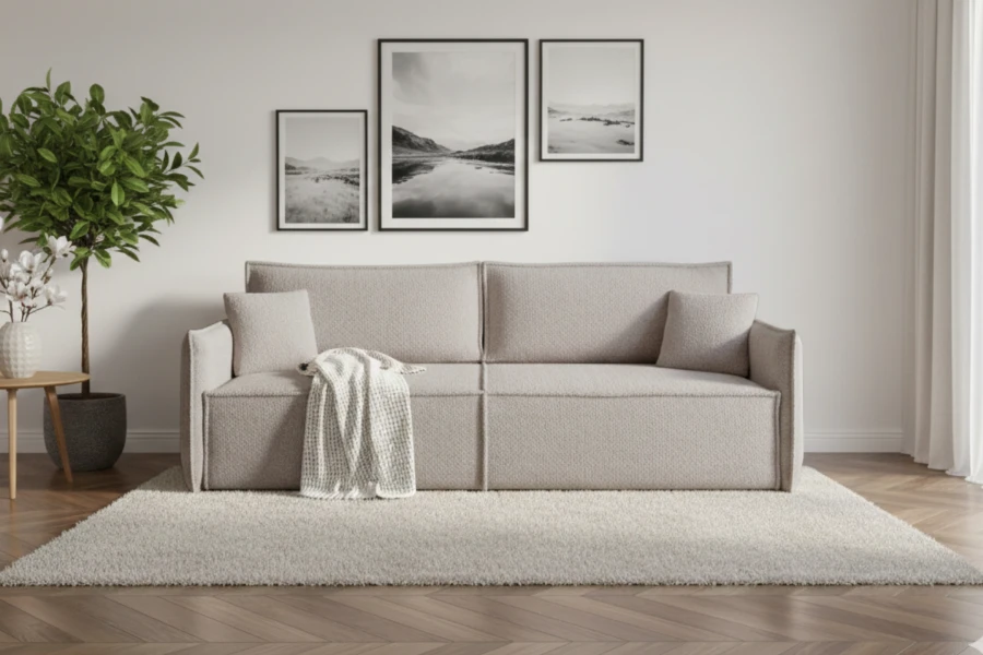 Stilvolles beiges Sofa im modernen Wohnzimmer-Design mit gemütlicher Atmosphäre.