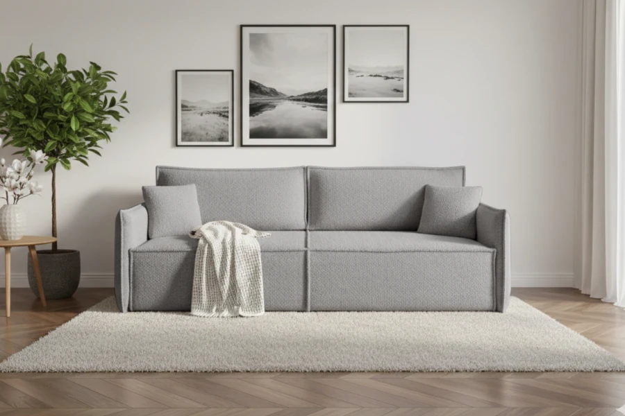 Hellgraues Polstersofa mit Decke und Kissen vor heller Wand