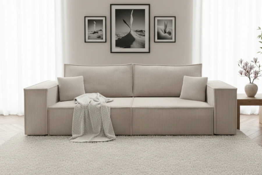 Helles beige Cord-Sofa in einem gemütlichen Wohnzimmer mit weißem Hochflor-Teppich
