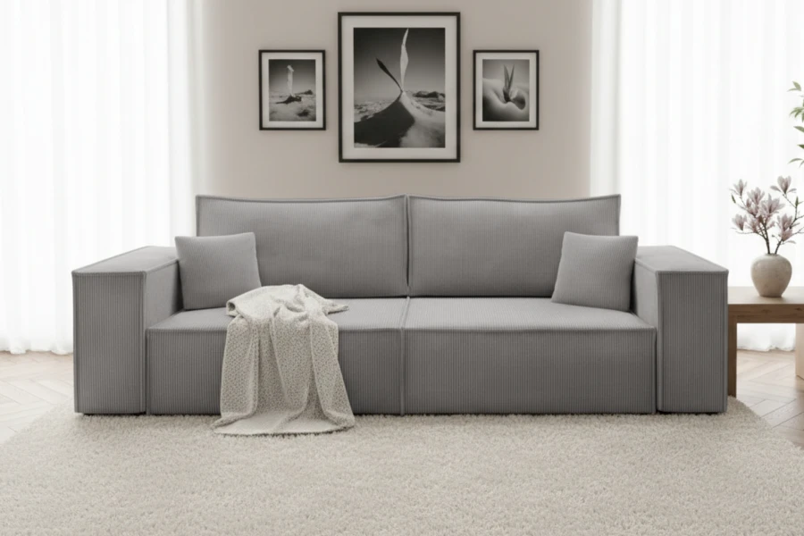 Graues Cord-Sofa mit weicher Textur in einem modern eingerichteten Wohnzimmer