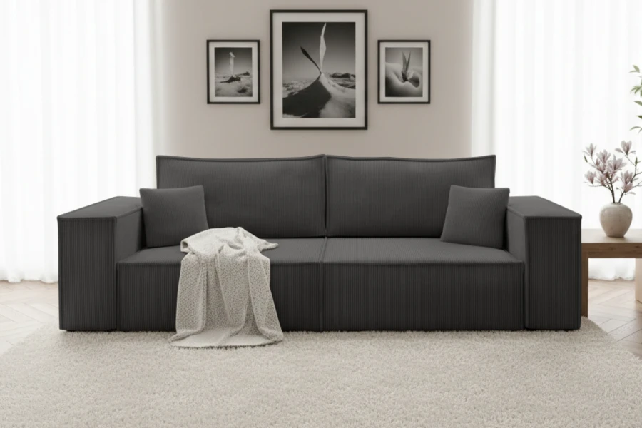 Elegantes anthrazitfarbenes Cord-Sofa als gemütlicher Mittelpunkt im Wohnbereich