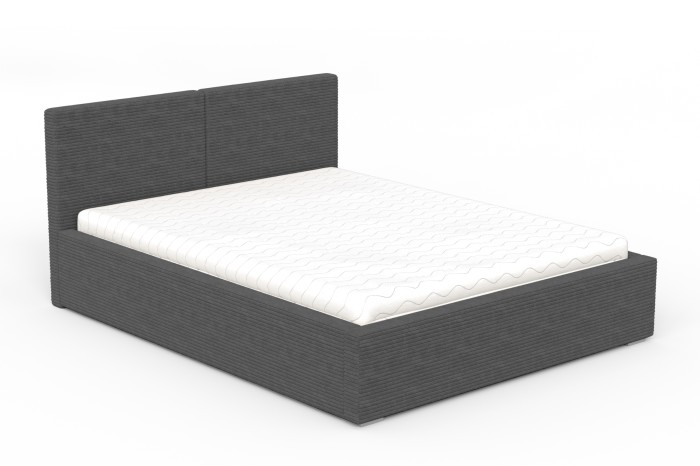 Donkergrijs gestoffeerd bed Vena in corduroy-look met matras op een witte achtergrond.