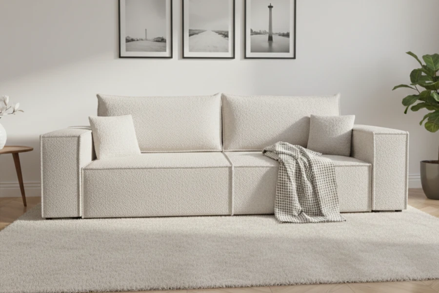 Modernes beiges Sofa aus Bouclé-Stoff in einem hellen, minimalistisch eingerichteten Wohnzimmer.
