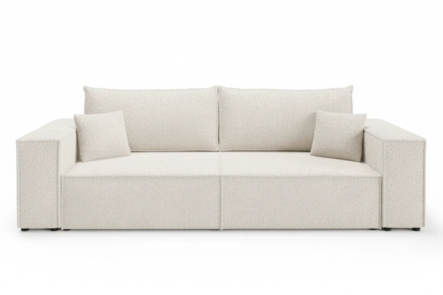 Modernes cremeweißes Sofa mit Bouclé-Bezug auf weißem Hintergrund