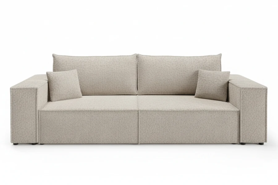 Minimalistisches beiges Sofa mit Bouclé-Stoffbezug und Kissen
