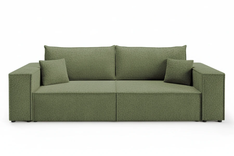 Modernes grünes Sofa mit Kissen isoliert auf weißem Hintergrund.