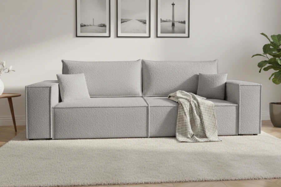 Hellgraues Sofa in stilvollem Wohnzimmer mit Teppich und Dekoration.