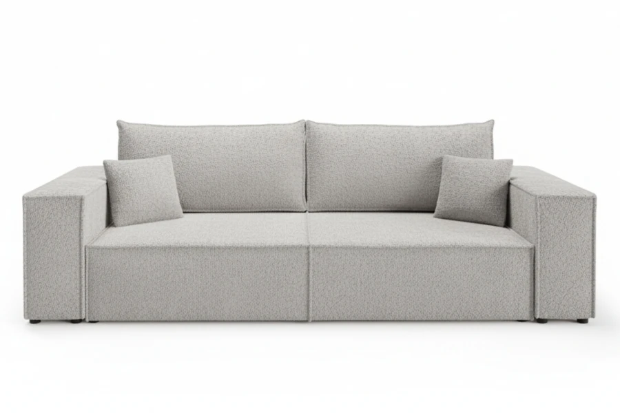 Modernes hellgraues Sofa mit breiten Lehnen auf weißem Hintergrund.