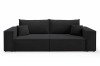 Modernes, schwarzes Sofa mit Bouclé-Bezug vor einem schlichten weißen Hintergrund.