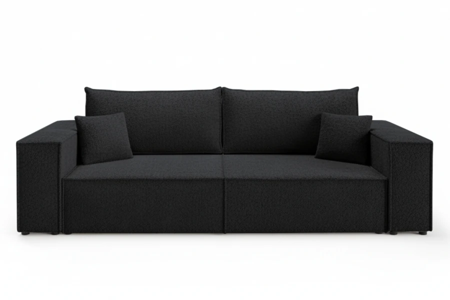 Modernes, schwarzes Sofa mit Bouclé-Bezug vor einem schlichten weißen Hintergrund.