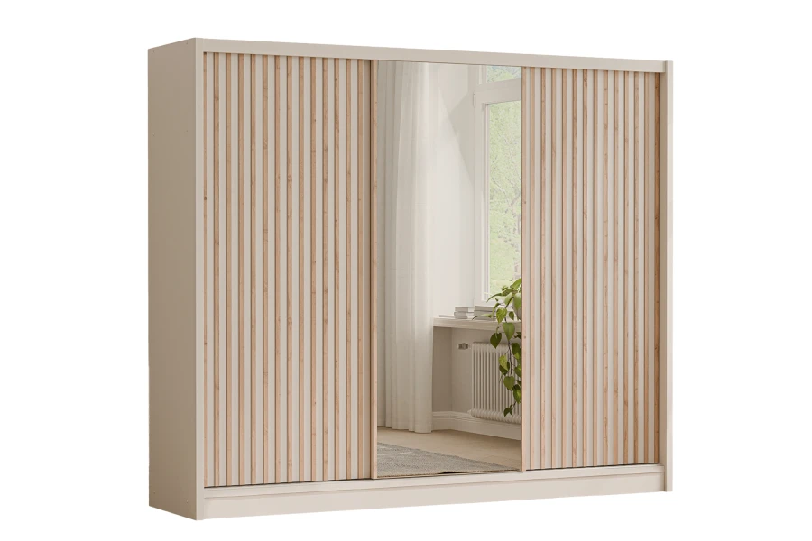 Large wardrobe in white with slat look and mirrored sliding door on a white background.