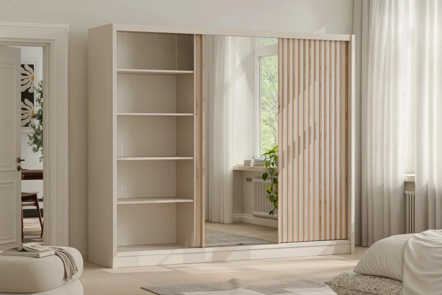 Weißer Kleiderschrank mit Lamellen-Optik und Spiegel, linke Seite mit Regalen geöffnet.