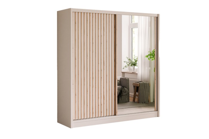 Moderner Schwebetürenschrank in Weiß mit Holzlamellen und großer Spiegelfront.