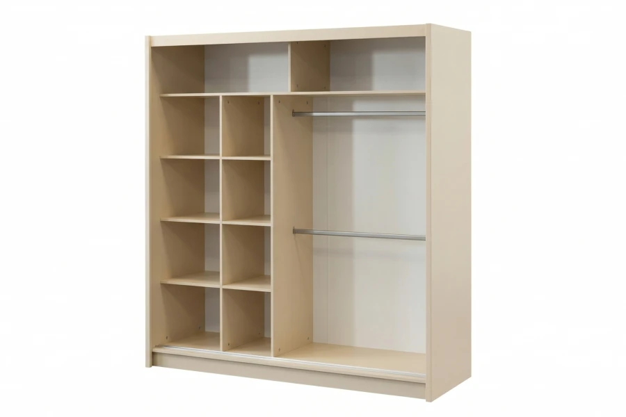Praktische Kleiderschrank-Innenausstattung in Beige mit Regalen und zwei Kleiderstangen.