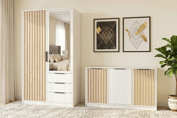 Moderner Kleiderschrank und Sideboard in Weiß mit stilvoller Holz-Lamellen-Optik.