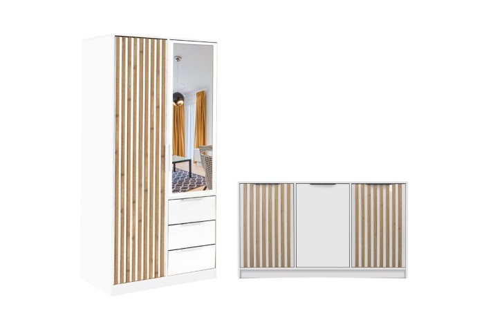 Weißes Möbel-Set bestehend aus Kleiderschrank mit Spiegel und Sideboard mit Holz-Lamellen.