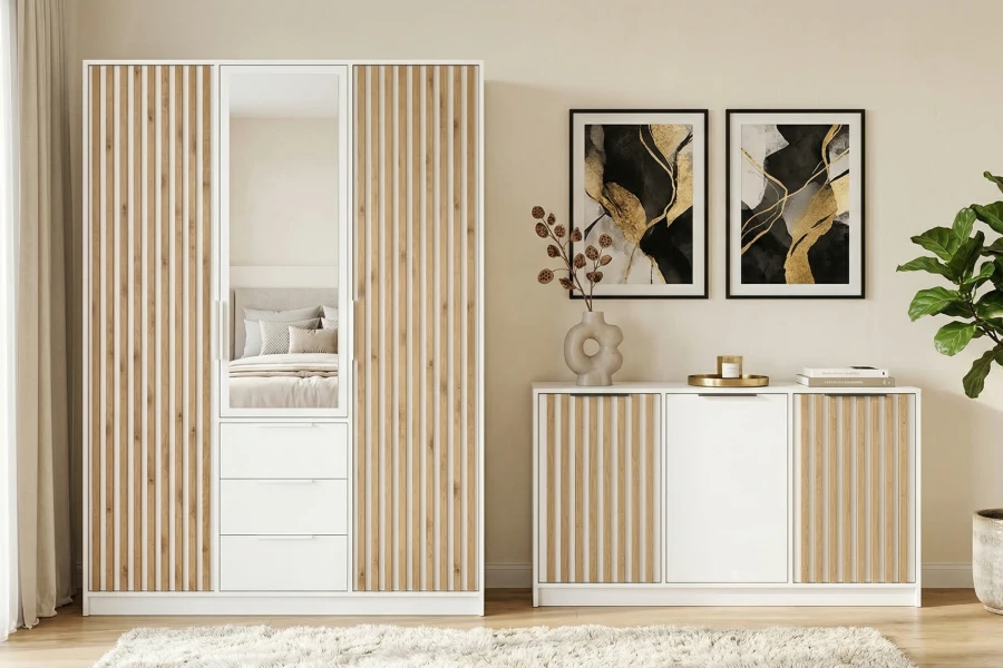 Heller Kleiderschrank und Sideboard in Weiß mit Holz-Lamellen für ein modernes Schlafzimmer.