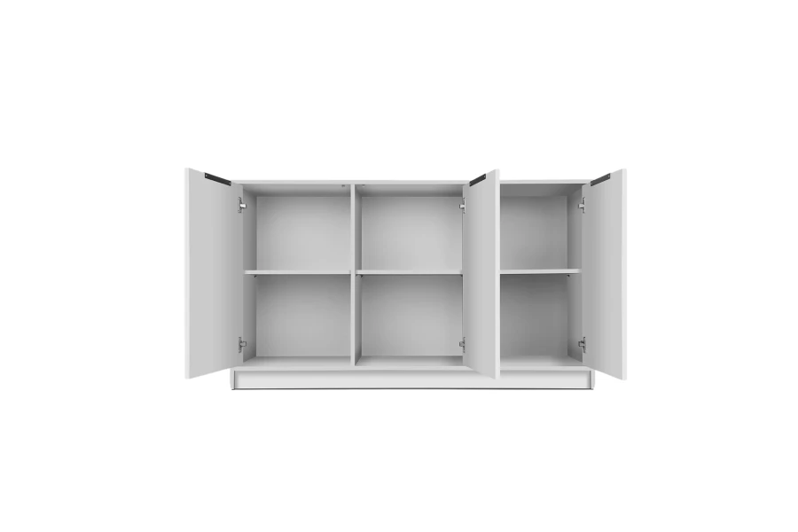 Modernes weißes Sideboard mit drei offenen Türen und Einlegeböden.