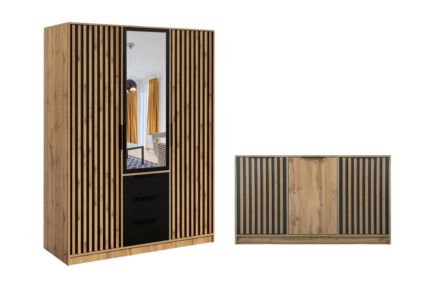 Möbelset Eiche-Optik mit schwarzen Lamellen: Kleiderschrank und passende Kommode.