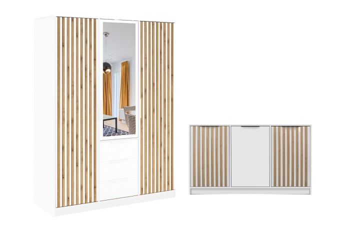 Zweiteiliges Möbelset in Weiß mit hellen Holzlamellen für ein modernes Zuhause.