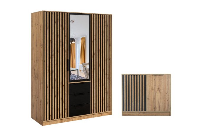 Kleiderschrank und Kommode in Eiche-Optik mit modernen schwarzen Lamellen und Spiegel.