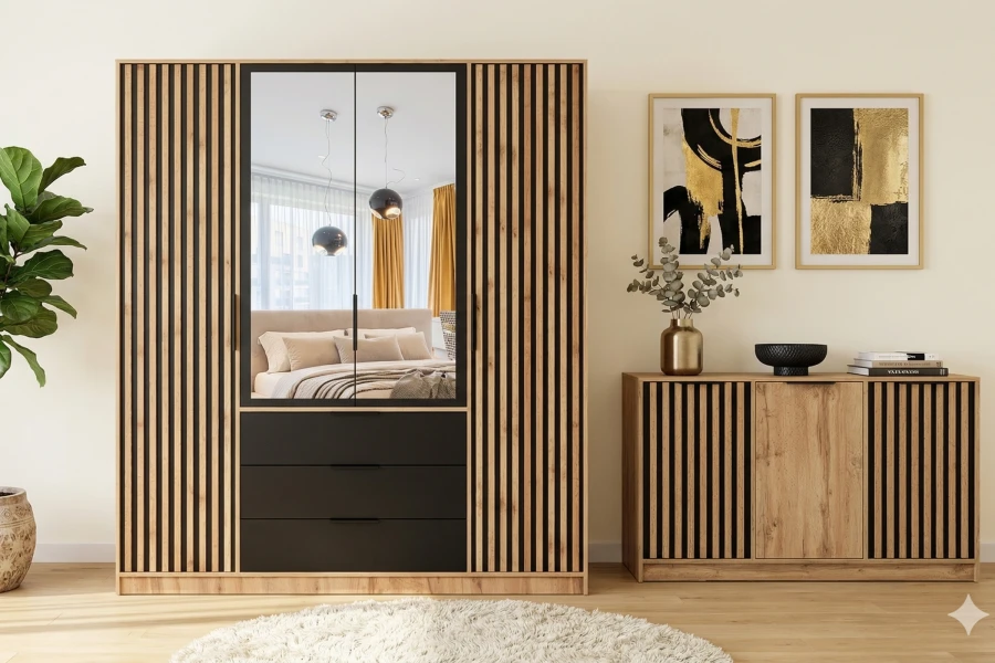 Einrichtungsbeispiel: Schlafzimmer-Möbel im Lamellen-Look in Eiche und Schwarz.