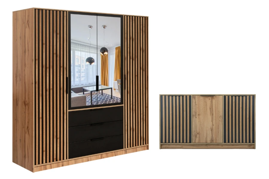Großes Möbel-Set: Kleiderschrank mit Spiegel und breite Kommode im Lamellen-Design.
