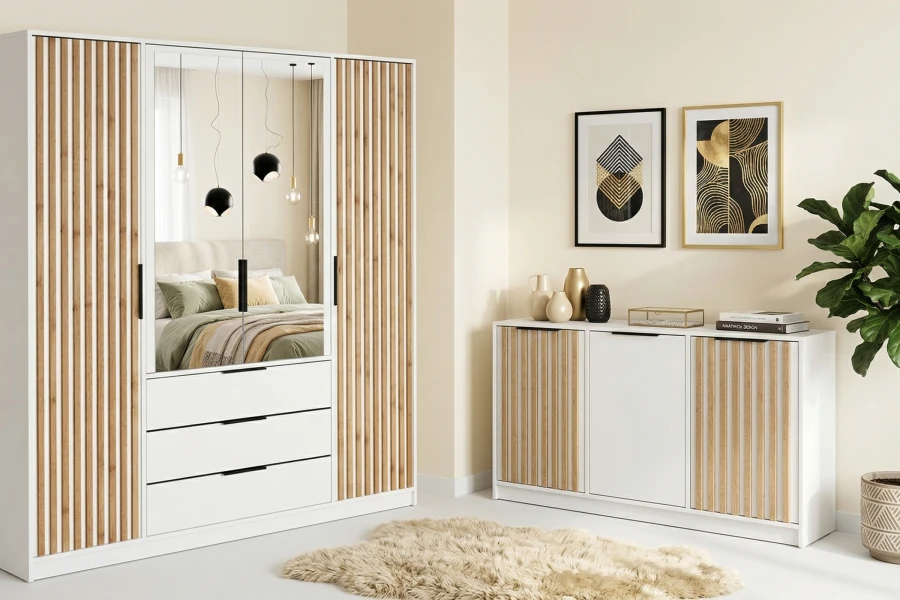 Moderner Kleiderschrank und Sideboard in Weiß mit Holzlamellen im Schlafzimmer.