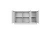 Innenansicht eines weißen Sideboards mit drei offenen Türen und Regalfächern.