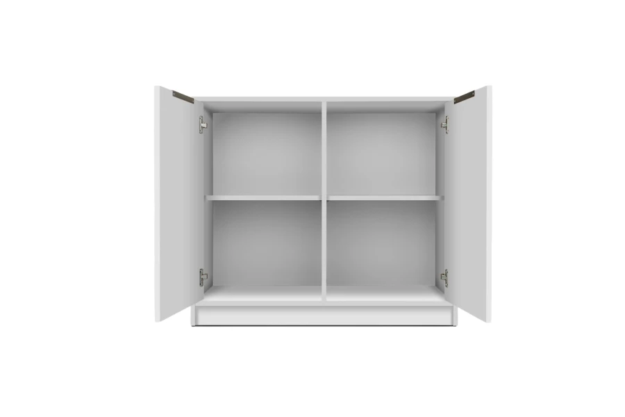 Interior view of a white chest of drawers with four compartments and adjustable shelves.