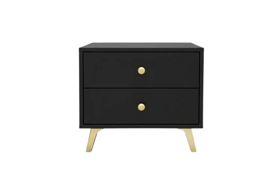 Schwarzer Nachttisch mit zwei Schubladen und goldenen Beinen im modernen Design.