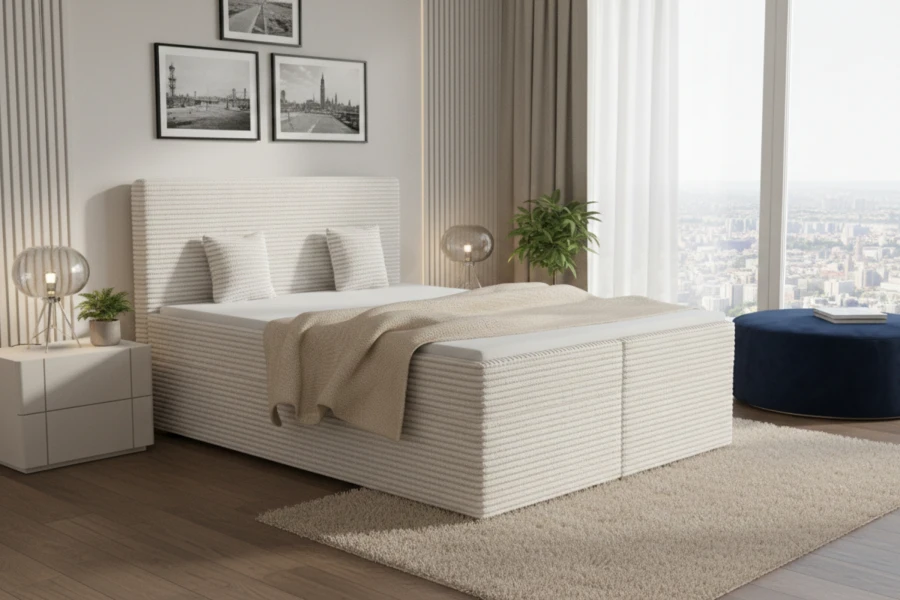 Modern beige boxspringbed in corduroy-look voor een groot raam.