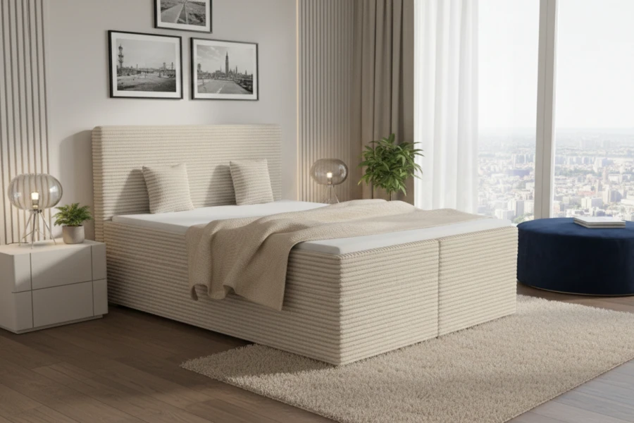 Modern boxspringbed in beige met corduroy-bekleding in een lichte slaapkamer met uitzicht op de stad.
