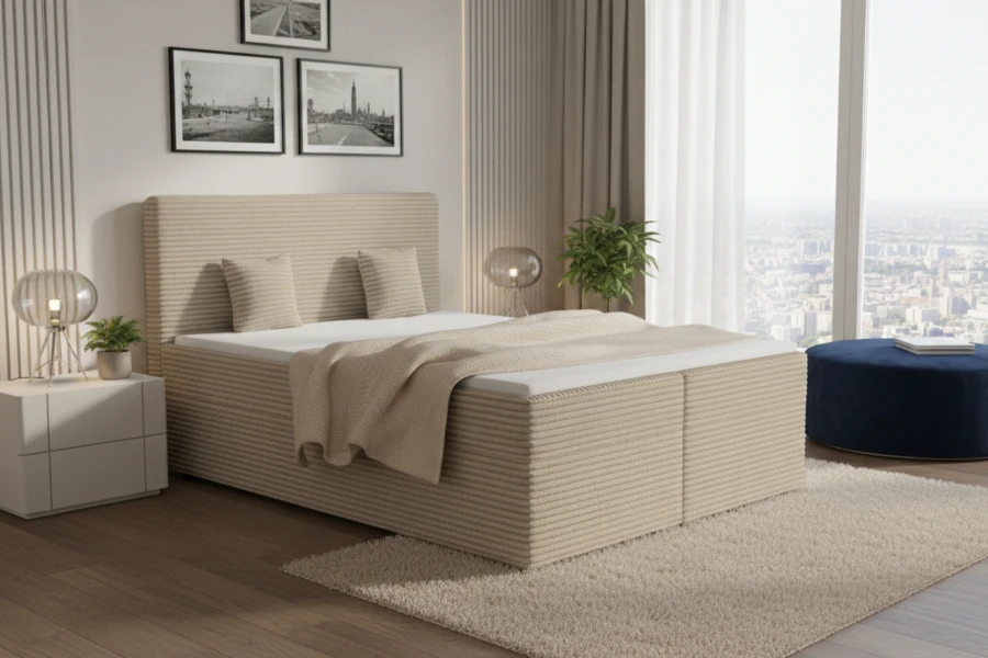 Stijlvol beige boxspringbed van corduroy-stof voor een gezellige slaapkamerambiance.