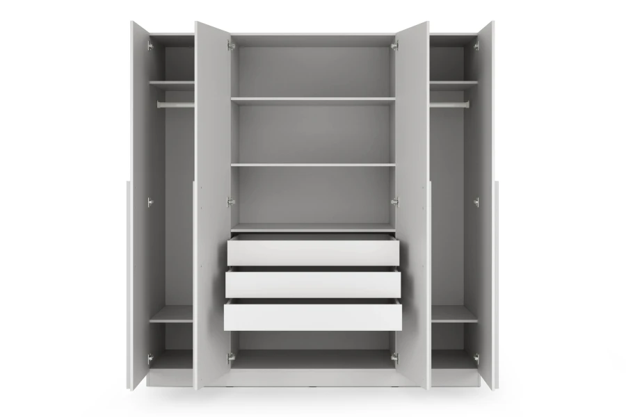 Innenansicht Kleiderschrank Brisso mit Schubladen, Regalböden und Kleiderstangen.