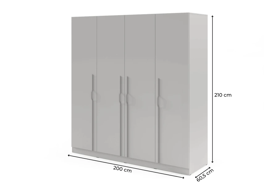 Witte 4-deurs kledingkast met afmetingen: 200 cm breedte, 210 cm hoogte en 60,5 cm diepte.